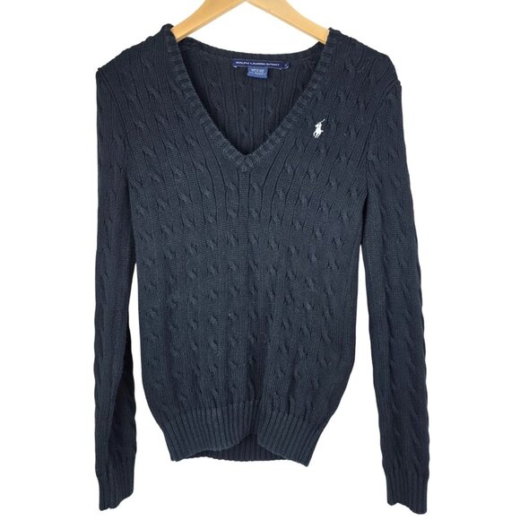 Ralph Lauren Sport Cable Knit V-Neck Sweater -Black White Pony M Preppy Academia - Picture 1 of 7
